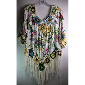 Asha MULTICOLOR Crochet Trim Floral Boho Tunic Top Size M
